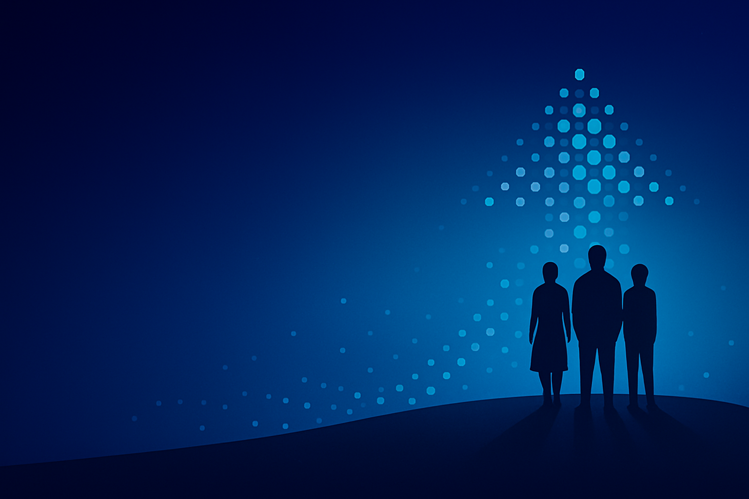 People standing beneath an upward arrow made of dots, representing teams using AI